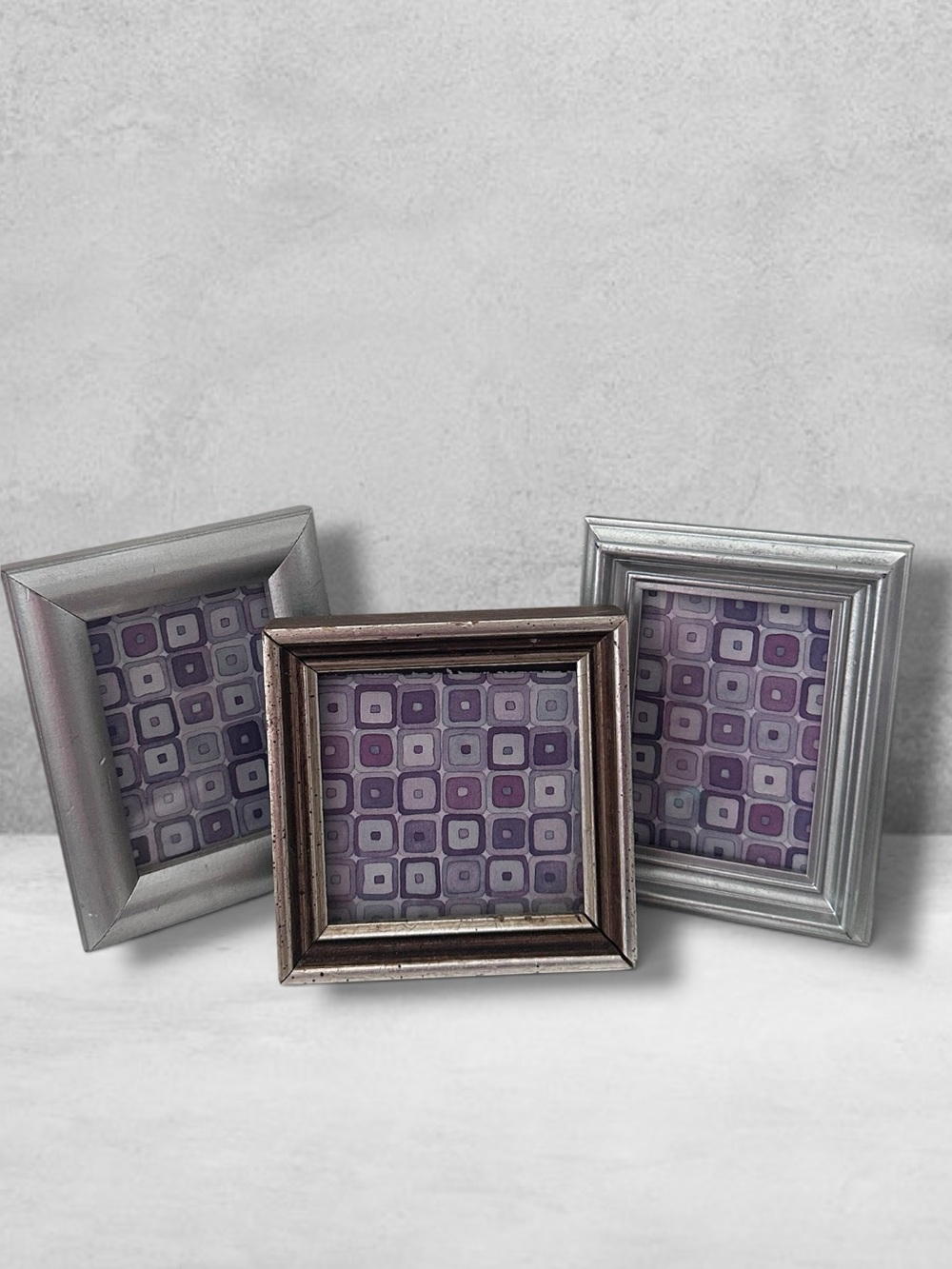 3 MINI SILVER WOOD picture frames 3.2x2.5 3.25x3.5 Vintage